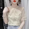 Women's Blouses Summer Korean Fashion Net Yarn Womens Short Sleeve Bow Elegant Ladies Aesthetic Shirt Beautiful V-neck Sweet Blusas Tops