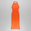 Robes décontractées 2023 été femmes Orange licou cou dos nu frange pansement Maxi moulante Sexy robe de soirée Vestidos en gros