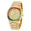 Montres-bracelets PINTIME Montre-bracelet Homme Glacé Cadran Doré Horloge Montre À Quartz Hommes De Luxe Plein Diamant Hip Hop Coloré Or Strass