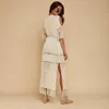 Swimwear Women Sexy Bikini Cover Up Knitted Fringed Cutout Swimsuit Lace Kimono Boho Long Maxi Dress Smock with Belt Summer Sundress Robe