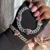 Ketting Iced Out Bling Cubic Zirconia Miami Cuban Link White Pink Heart CZ Charm Blacelet Luxe sieraden voor vrouwen 230511