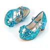 Slipper Sepatu Kulit Anak anak Princess untuk Perempuan Hak Tinggi Glitter Kasual Bunga Simpul Kupu kupu Biru Merah Muda Perak 230510
