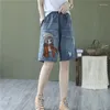 Women's Jeans Retro Summer Pant Cartoon Girl Patch Embroidery Denim Knee Length Pants Female Loose Wide-Leg Thin Section