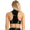 Kvinnors tankar Camis kvinnor sexig våtlök Slim Tank Crop Top patentläder latex svart ärmlös stativ krage blixtlås väst punk s 230511