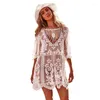 Women's Swimwear Happie Queens Women Bohemian Sexy Flare Sleeve Lace Embroidery Mini Dress Beach Boho Bikini Cover-ups Dresses Vestidos