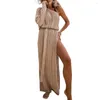 Maillot de bain femme été Cover Up Dress Slash Neck Single Long Sleeve Beach See-through Knitting Bikini Belt Split Hem Holiday