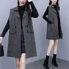 여자 조끼 패션 패션 롱 격자 무늬 조끼 여자 가을과 겨울 2023 한국 버전 소매 소매복 재킷 블렌드 모직 코트 2052