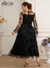 プラスサイズのドレスはエレガントな秋のサイズのサイズの花のメッシュカバードレス女性フレアスリーブ甘い女性OネックウエストミディドレスB1095 230511