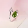 Cluster Rings Natural Jade And Tianyu Women S925 Silver-encrusted Leaves Water Drop Fashion Live Mouth Opening Ring Gift