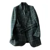 Femmes laine haut de gamme qualité automne 2023 vert foncé rétro Plaid laine veste femmes costume col manteau haut vêtements d'extérieur ceintures femme Blazer