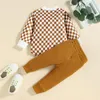 Kledingsets 2023-07-02 Lioraitiin 0-24m Infant Baby Girl Boy Pak Set Checkerboard Print Romper met lange mouwen met knopen Tie-up Pant