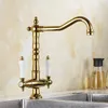 Kitchen Faucets Copper Faucet Sink Mixer Tap & Cold Antique Brass Double Handle Deck Mounted Single Hole Rotating Gold/Chrome