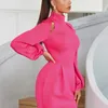 Casual jurken 2023 Avond Lantaarn Mouw Rose Red Women Solid Dress Winter Sexy Bodycon High Collar Mini Party Kerstmis