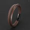 Charm Bracelets Wholesale Multilayer Leather Rope Wrap Hand Weaving Bracelet Braided Magnetic Buckle Stainless Steel For Men Jewelry