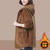여자 트렌치 코트 패션 코듀로이 바람발기 여성 중간 길이 2023 가을 겨울 벨벳 두꺼운 느슨한 후드가있는 재킷 여성 따뜻한 코트