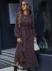 Casual Dresses Liti Print Black Long Dress Women Winter Long Sleeve Dress Elegant Round Neck Tie Print Dress 230511