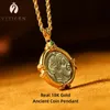 Pendanthalsband Viticen Real 18K Gold AU750 Ancient Coin Double Sided Goddness Athena Owl Gift For Woman Vintage Fine Jewelry 230511
