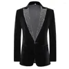 Ternos masculinos de terno de veludo preto masculino Banqueto de casamento Host Host Tuxedo Rhinestones colarinho de lapela calças 2 peças