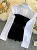 Dwuczęściowe spodnie damskie DEAT Spring Long Rleeve Patchwork Velvet Size Małe wierzchołki z paskiem z wysokim talii Zestaw Kobiety MH334 230511