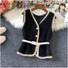 Damenwesten Elegante Wollweste Jacke Frauen Vintage ärmellose Pullover Weste koreanischen Stil Strick Outwear mit Schärpen Chalecos Para Mujer 230511