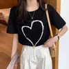 T-shirt da donna T-shirt con perline stile coreano 2023 Camicia estiva in cotone da donna Moda allentata a maniche corte Top da donna T-shirt