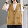 Women's Vests Sweater Vest Women Spring Autumn Vintage V-neck Oversize Knit Pocket Single Breasted Sleeveless Loose Korean Style All-match 230511