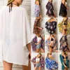 Badkläder 2022 Summer Women Chiffon Cover Up Boho Floral Kimono Cardigan Sheer Half Sleeve Beach Badkläderblus Skjortor för kvinnliga toppar