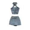 Kvinnors tvåstycksbyxor DEAT Kvinnor Halter Backless Sexy Denim Top Hig Midje Shorts Set Temperament Fashion Spring Summer 11D10231 230511