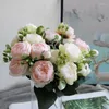 Decorative Flowers Rose Artificial 5 Heads Pink White Peony Silk Bouquet For Home Garden Wedding Scene Decor Fake Supplies