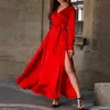 Modna elegancka solidna kolorowa suknia bankietu Sprężyna i jesień seksowna głębokie szwanie szyi Slit Nieregularny długi 230508