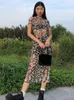 Casual Dresses Short Sleeve Daisies Print Mesh SeaThrough Sexig Maxi Dress Summer Women Fashion Streetwear Outfit Sundress 230511