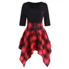 Robes De Soirée 2023 Printemps Été Femmes Robe Casual O-cou À Lacets Tartan Plaid Imprimer Demi Manches Asymétrique Mini Robe De Senhora