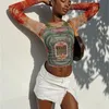 Womens TShirt Hawthaw Women manica lunga Graphic Mesh See Through Streetwear T-shirt Top Tee Autunno Abbigliamento Articoli all'ingrosso per affari 230510