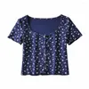 Męskie koszule T Crop Tops Women 2023 Retro O-Neck Print z krótkim rękawem T-shirt Szczupły uszy kwiecisty Brandy MEILLY Meille Meille Meille Meille