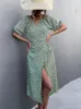 Casual Dresses Casual Women Chiffon Dress V Neck Side Wrap Midi Dress Summer Polka Dot Dress Female Puff Sleeve Boho Fashion A-Line Split Dress 230511