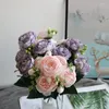 装飾的な花は人工5頭ピンクの白い牡丹シルクブーケホームガーデンウェディングシーンの装飾偽の用品