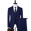 Costumes pour hommes costume en coton hommes couleur unie revers col manteau gilet pantalons longs affaires mariage mince ensemble bleu royal