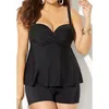 Kvinnors badkläder 2023 Plus Size Solid Black Two Pieces Tankini Swimsuit Summer Sexig Deep V Swimdress Backless Push Up Beachwear Bathing Suit