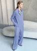 Zweiteilige Damenhose Mnealways18 Blau Eleganter 2-teiliger Damen-Hosenanzug Büro-Satin-Outfits Knopfhemden und weite Beine Lange Hosen Übergröße Anzug Damen 230511