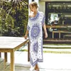 Szybkie morza mózgowe niebieskie boho print maxi bikini osłona seksowna vneck długa sukienka kaftan maxi covery kobiet 2023 Kąpiec kostium plażowy