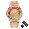 Armbanduhren PINTIME Armbanduhr Männlich Iced Out Goldene Zifferblatt Uhr Quarzuhr Männer Luxus Voller Diamant Hip Hop Bunte Gold Strass