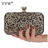 Avondtassen uitgehold metalen bloemvorm Handtassen Nieuw pailletten Strass Party Clutch Bag Black Gold Silver Wedding Clutches Purse 230427