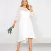 Plus Size Jurken Plus Size 3/4 Kanten Mouw Lente Herfst Elegante Feestjurk Dames Witte Flt Flare Midi Jurk Grote Maat Avondje Uit Trouwjurk 230511