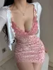 Casual Dresse GAGA Gaun Selempang Sambatan Renda Gadis Pedas Seksi Leher V Motiv Macan Tutul Baru Musim Panas Mode Merah Muda Mini N8GY 230510