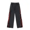 Mens Jeans Hiphop Street Black Red Double Double -молния вымыта старая джинсы для мужчин летний дизайн моды Hiphop Wideleg Highwaisted 230511
