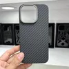iPhone 14 Pro Max 13メタルリングカバー用の磁気本物の炭素繊維アラミドスリムケース