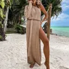 Maillot de bain femme été Cover Up Dress Slash Neck Single Long Sleeve Beach See-through Knitting Bikini Belt Split Hem Holiday