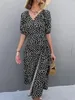 Casual Dresses Casual Women Chiffon Dress V Neck Side Wrap Midi Dress Summer Polka Dot Dress Female Puff Sleeve Boho Fashion A-Line Split Dress 230511