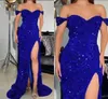 Dubai Arabic African Royal Blue Mermaid Prom Dresses Long for Women Black Girls Off Shoulder Sequined High Side Split Formal Dress Evening Party Birthday Gowns