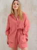 Women's Two Piece Pants Long Sleeve Shirts And Loose High Waist Mini Shorts Sets Summer Loung Wear Pajamas Suits Casual Outerwear Set 230511